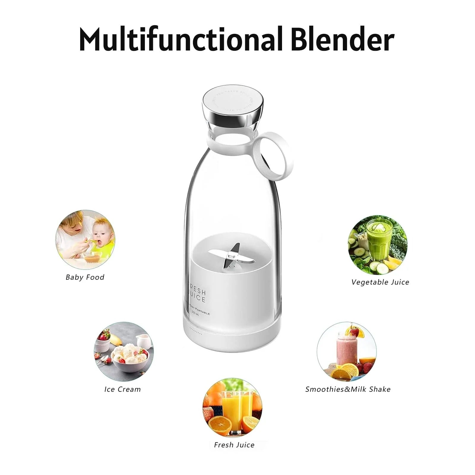 Portable Mini Speed Juicer Blender 350ml – Rechargeable, 6 Blades (White/Pink)